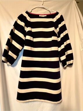 Eliza J Navy and White Striped Dress with Pink Trim